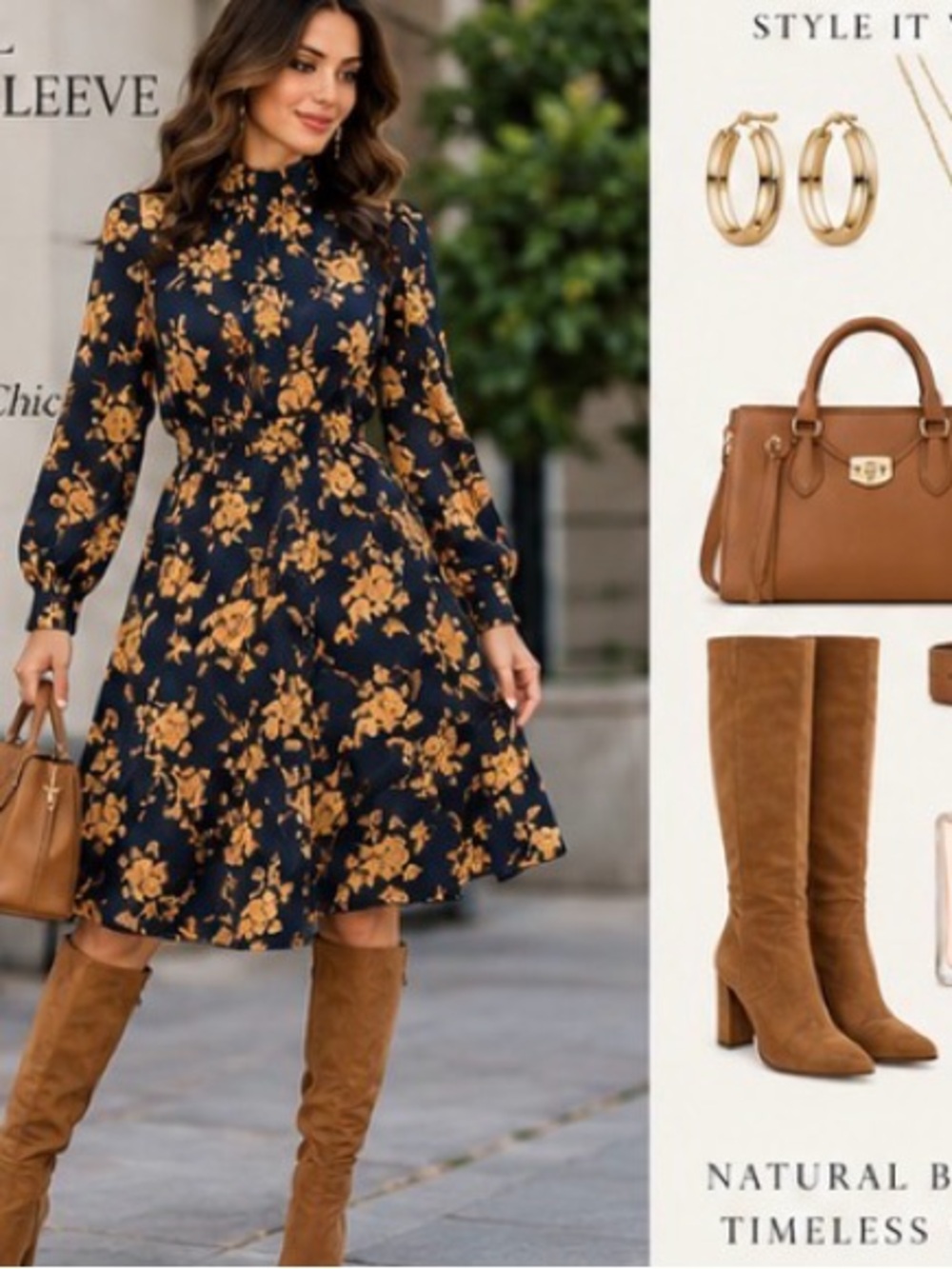 Women's Navy Floral Long-Sleeve Midi Dress - Navy & Mustard